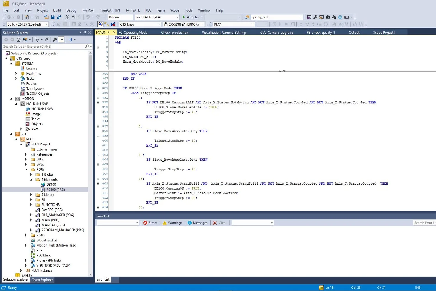 Structured Text program with electronic camming steps for two axes in Beckhoff TwinCAT 3