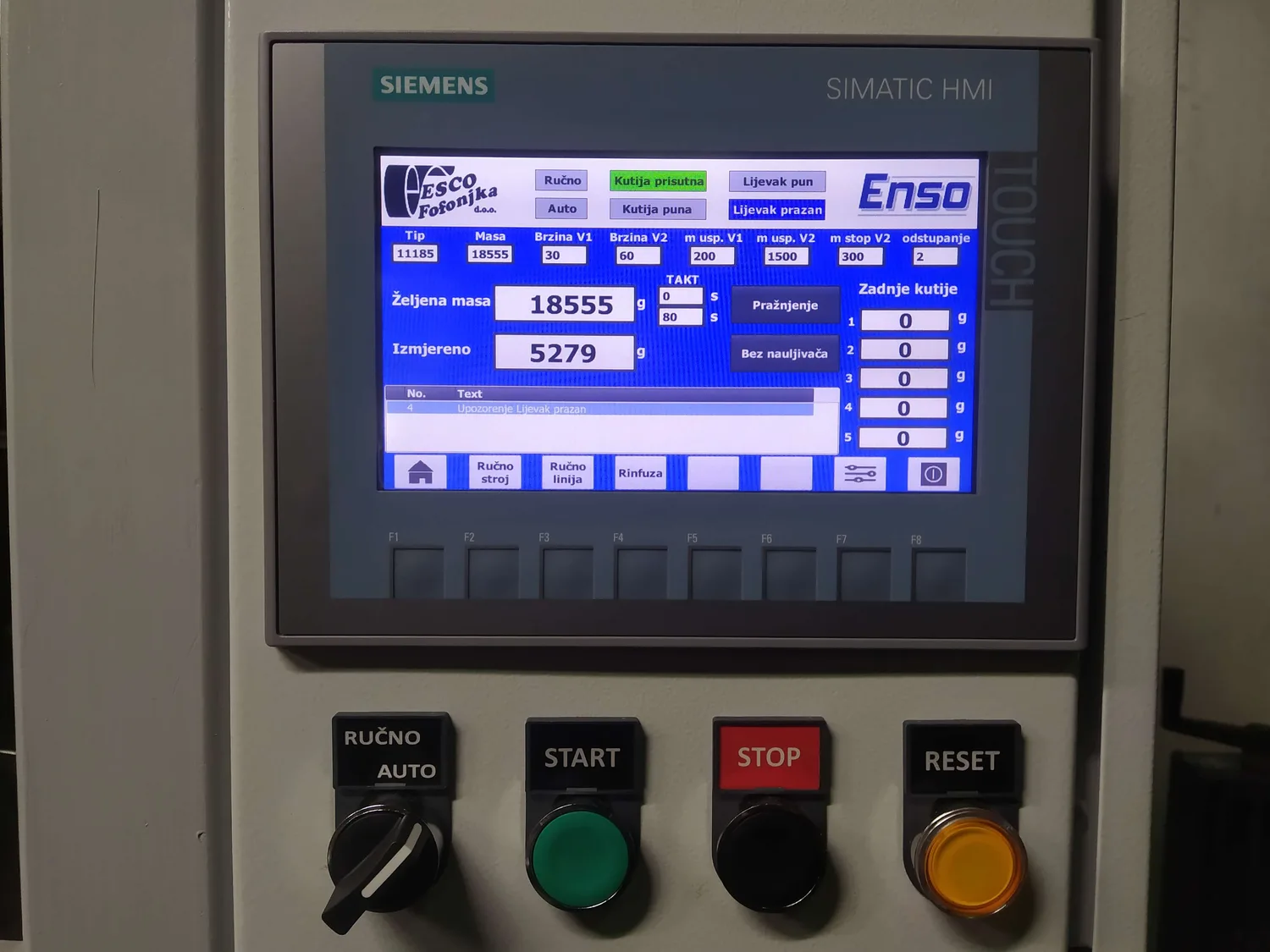 HMI screen with weighing parameters and dosing cycle tracking